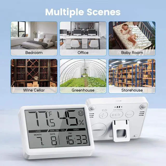 Alt view image 7 of 7 - Small Digital Clock, New Upgrade Battery Powered Magnetic Clock Humidity Meter Thermometer High Accuracy Temp(/) Date 12/24H Display LCD Large Number Indoor Outdoor Travel White