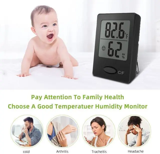 Alt view image 4 of 7 - Portable Mini Digital Versatile Thermometer Hygrometer - Monitor Temperature Gauge & Humidity with Wall Hanging, Standing & Magnet Options for Home, Office, Greenhouse and More (Black, 3 Pack)