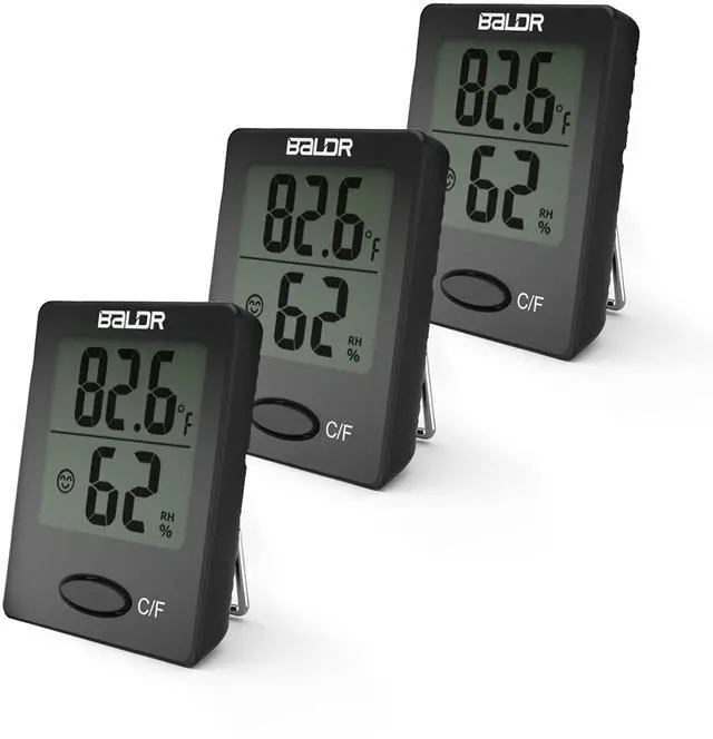 Main image of Portable Mini Digital Versatile Thermometer Hygrometer - Monitor Temperature Gauge & Humidity with Wall Hanging, Standing & Magnet Options for Home, Office, Greenhouse and More (Black, 3 Pack)