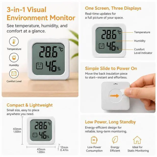 Alt view image 3 of 6 - Digital Hygrometer Indoor Thermometer, Mini Room Humidity Meter with Comfort Indicator, for Home Bedroom Office Greenhouse Indoor Outdoor Thermometer