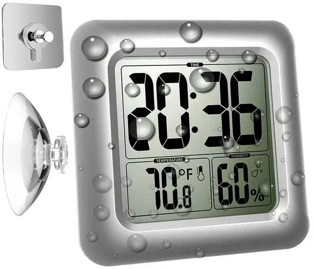 Main image of Large Waterproof Bathroom Shower Wall Clock, Big Digital Water Resistant Shatterproof Clock Thermometer Hygrometer for Bath, Temperature & Humidity Meter, Hanging & Table Standing & Mirror Suction Cup