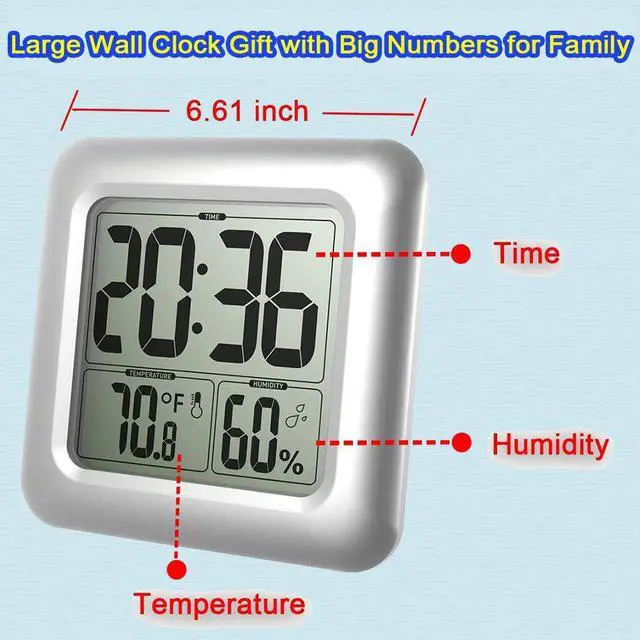 Alt view image 2 of 6 - Large Waterproof Bathroom Shower Wall Clock, Big Digital Water Resistant Shatterproof Clock Thermometer Hygrometer for Bath, Temperature & Humidity Meter, Hanging & Table Standing & Mirror Suction Cup