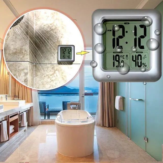 Alt view image 4 of 6 - Large Waterproof Bathroom Shower Wall Clock, Big Digital Water Resistant Shatterproof Clock Thermometer Hygrometer for Bath, Temperature & Humidity Meter, Hanging & Table Standing & Mirror Suction Cup