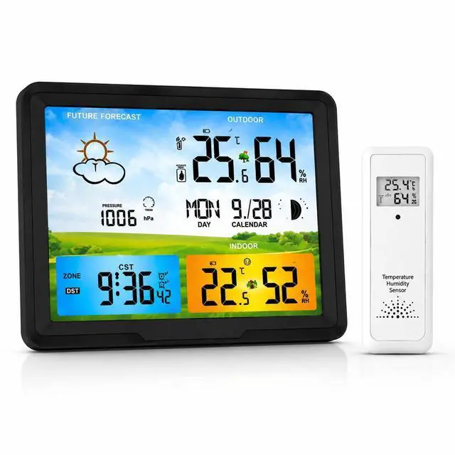 Main image of Wireless Weather Station Indoor Outdoor Thermometer Hygrometer, Barometric Pressure Forecast, Moon Phase Display, Digital Weather Clock with Alarm, Date & Time, Large Color Screen