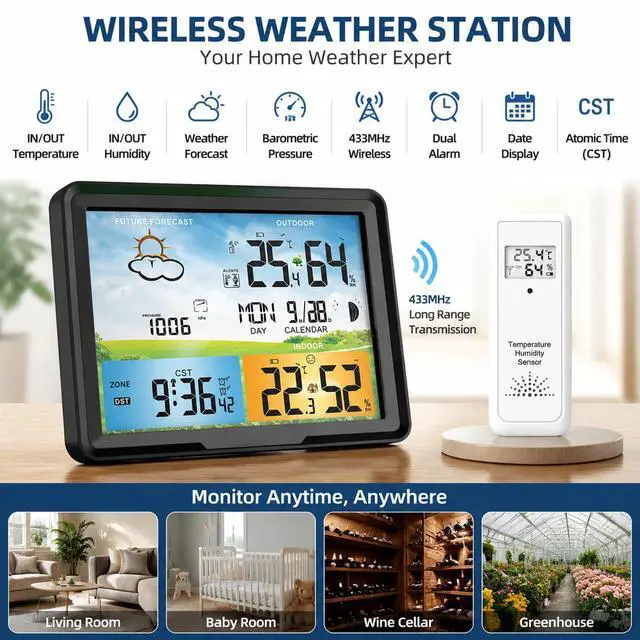 Alt view image 3 of 7 - Wireless Weather Station Indoor Outdoor Thermometer Hygrometer, Barometric Pressure Forecast, Moon Phase Display, Digital Weather Clock with Alarm, Date & Time, Large Color Screen