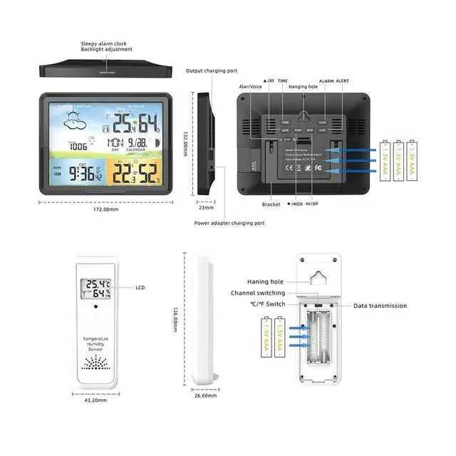 Alt view image 2 of 7 - Wireless Weather Station Indoor Outdoor Thermometer Hygrometer, Barometric Pressure Forecast, Moon Phase Display, Digital Weather Clock with Alarm, Date & Time, Large Color Screen