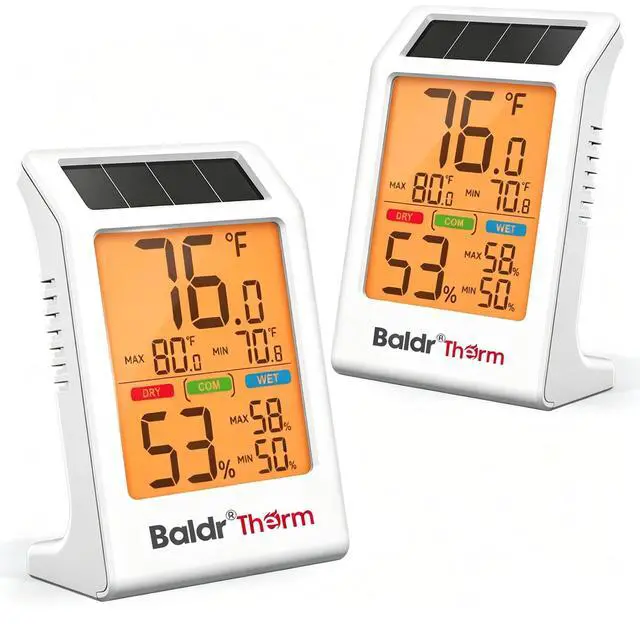 Main image of 2-Pack Indoor Thermometer Humidity Meter, Digital Hygrometer with Backlight, Solar Powered Room Temperature Monitor with Backup Battery, Max Min Records & Comfort Indicator