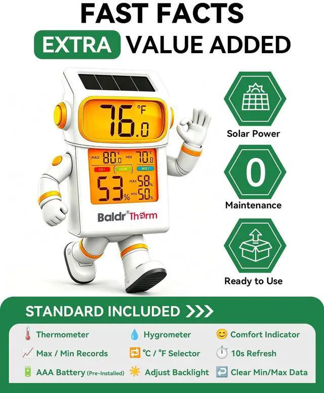 Alt view image 2 of 7 - 2-Pack Indoor Thermometer Humidity Meter, Digital Hygrometer with Backlight, Solar Powered Room Temperature Monitor with Backup Battery, Max Min Records & Comfort Indicator