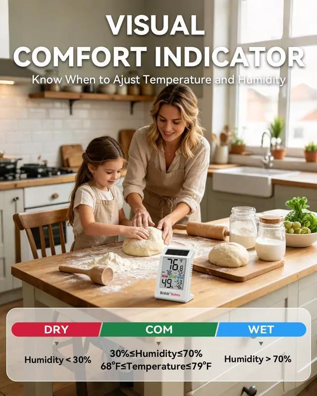 Alt view image 6 of 7 - 2-Pack Indoor Thermometer Humidity Meter, Digital Hygrometer with Backlight, Solar Powered Room Temperature Monitor with Backup Battery, Max Min Records & Comfort Indicator
