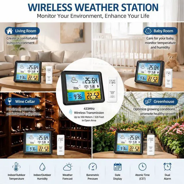 Alt view image 5 of 7 - Wireless Weather Station Indoor Outdoor Thermometer Hygrometer, Barometric Pressure Forecast, Moon Phase Display, Digital Weather Clock with Alarm, Date & Time, Large Color Screen
