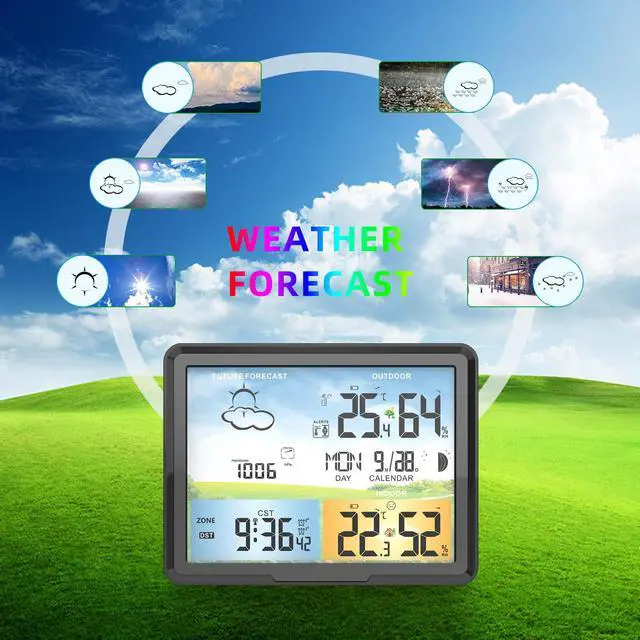 Alt view image 7 of 7 - Wireless Weather Station Indoor Outdoor Thermometer Hygrometer, Barometric Pressure Forecast, Moon Phase Display, Digital Weather Clock with Alarm, Date & Time, Large Color Screen