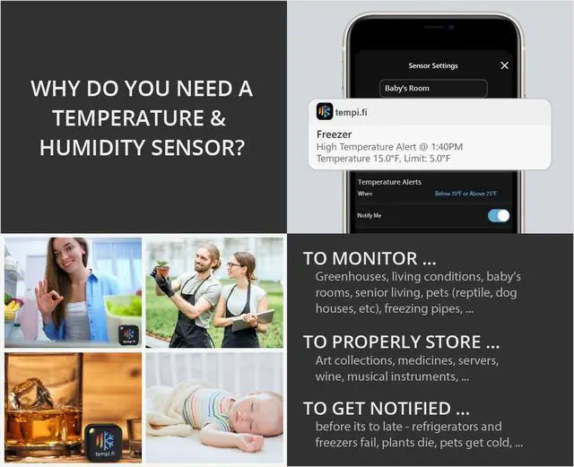 Alt view image 4 of 5 - Wireless Temperature and Humidity Sensor - Developed in The USA - 24/7 Data Logger with Alarm Bluetooth Smart Thermometer and Hygrometer - Bluetooth Only - Not WiFi