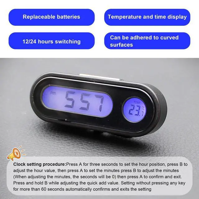 Alt view image 5 of 6 - 2 in 1 Car Digital Thermometer Clock, Mini Electronic Luminous Auto Dashboard Temperature Clock, Universal Vehicle LCD Backlight Portable Tiny Digital Dashboard Clock