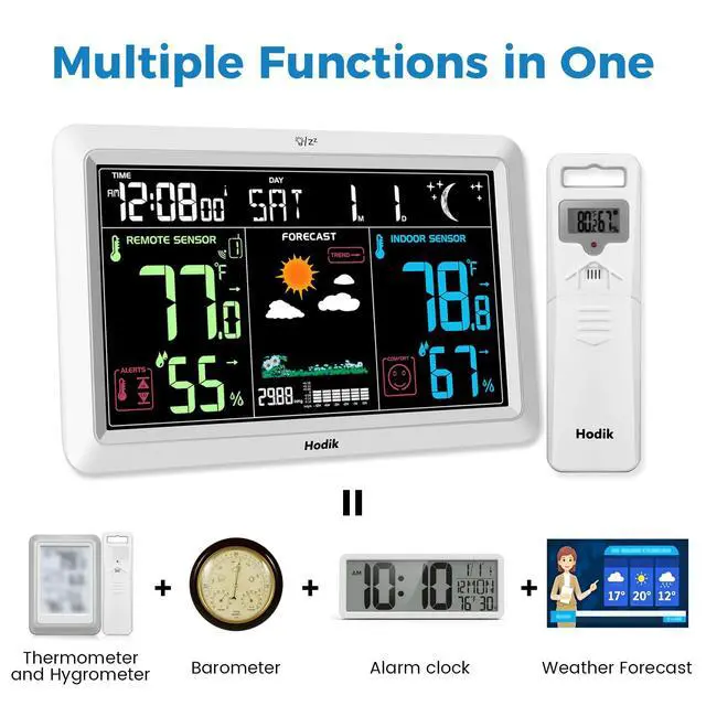 Alt view image 2 of 7 - Weather Station with Atomic Clock Indoor Outdoor Thermometer Wireless, Humidity and Temperature Monitor Barometer Hygrometer with High Precision Sensor White