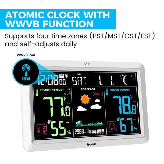 Alt view image 4 of 7 - Weather Station with Atomic Clock Indoor Outdoor Thermometer Wireless, Humidity and Temperature Monitor Barometer Hygrometer with High Precision Sensor White