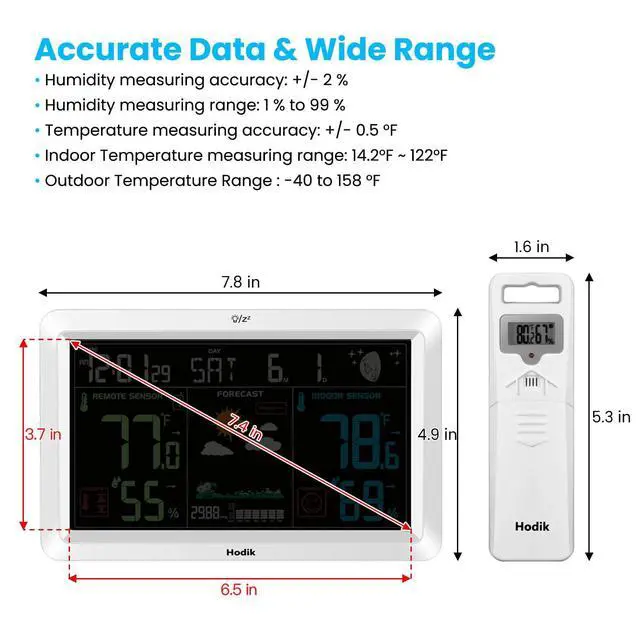 Alt view image 7 of 7 - Weather Station with Atomic Clock Indoor Outdoor Thermometer Wireless, Humidity and Temperature Monitor Barometer Hygrometer with High Precision Sensor White