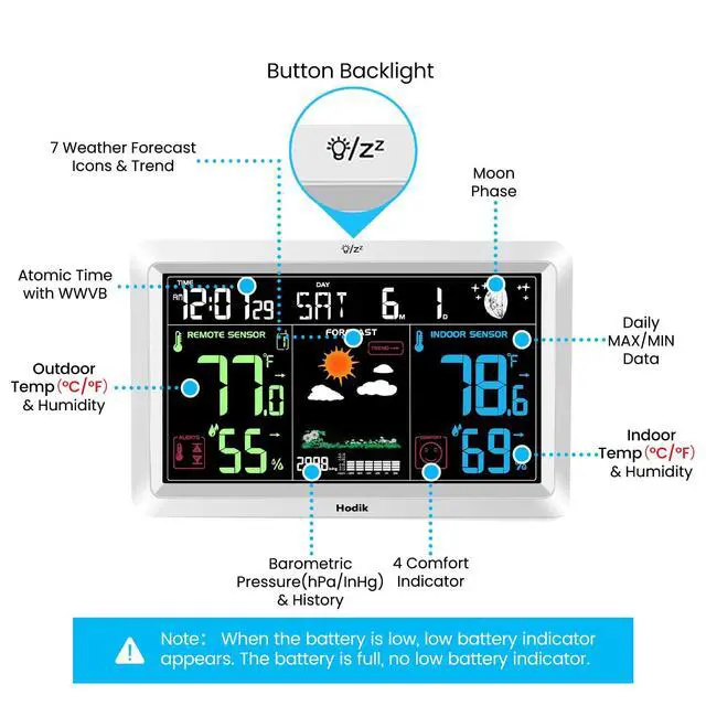 Alt view image 6 of 7 - Weather Station with Atomic Clock Indoor Outdoor Thermometer Wireless, Humidity and Temperature Monitor Barometer Hygrometer with High Precision Sensor White