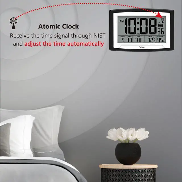 Alt view image 2 of 6 - Atomic Clock with Indoor Temperature and Humidity, 12.5 Inch Self-Setting Digital Wall Clock or Desk Clock, Battery Operated Digital Clock Large Display for Seniors, Auto DST