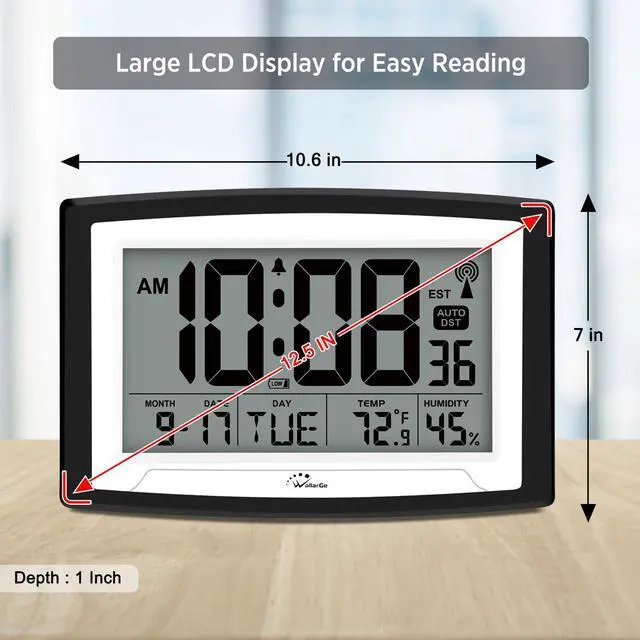 Alt view image 3 of 6 - Atomic Clock with Indoor Temperature and Humidity, 12.5 Inch Self-Setting Digital Wall Clock or Desk Clock, Battery Operated Digital Clock Large Display for Seniors, Auto DST