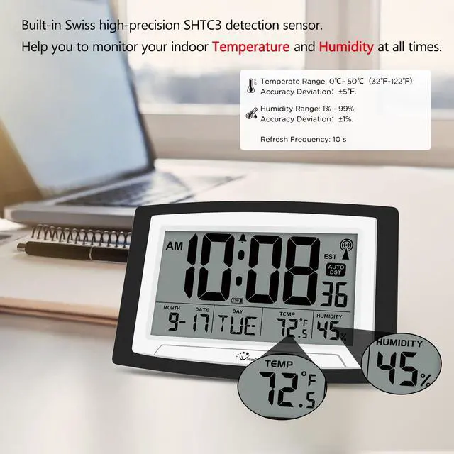 Alt view image 4 of 6 - Atomic Clock with Indoor Temperature and Humidity, 12.5 Inch Self-Setting Digital Wall Clock or Desk Clock, Battery Operated Digital Clock Large Display for Seniors, Auto DST