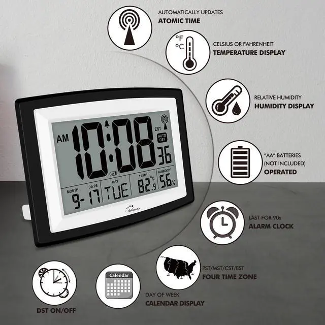 Alt view image 6 of 6 - Atomic Clock with Indoor Temperature and Humidity, 12.5 Inch Self-Setting Digital Wall Clock or Desk Clock, Battery Operated Digital Clock Large Display for Seniors, Auto DST
