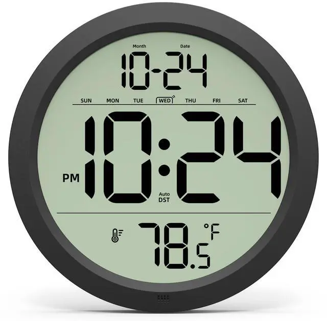Main image of Digital Wall Clock Battery-Operated, 8 Inch Small Decorative Modern Wall Clock with Date, Temperature, Auto-DST, Silent Electric Wall Clock for Bedroom, Living Room, Kitchen, Office, Farmhouse -Black