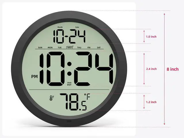 Alt view image 3 of 7 - Digital Wall Clock Battery-Operated, 8 Inch Small Decorative Modern Wall Clock with Date, Temperature, Auto-DST, Silent Electric Wall Clock for Bedroom, Living Room, Kitchen, Office, Farmhouse -Black