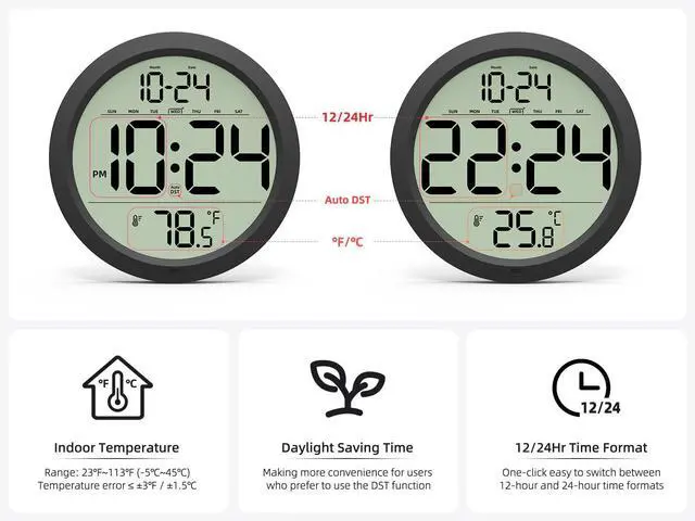 Alt view image 5 of 7 - Digital Wall Clock Battery-Operated, 8 Inch Small Decorative Modern Wall Clock with Date, Temperature, Auto-DST, Silent Electric Wall Clock for Bedroom, Living Room, Kitchen, Office, Farmhouse -Black