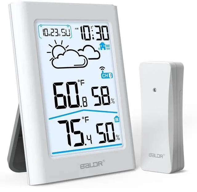 Main image of Indoor Outdoor Thermometer Wireless with Clock, Battery Powered Weather Station Indoor Outdoor, Portable Outside Temperature Monitor for Home Patio