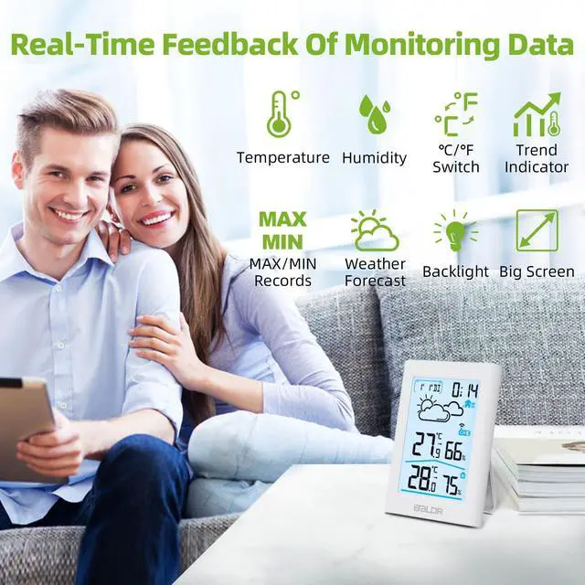 Alt view image 2 of 7 - Indoor Outdoor Thermometer Wireless with Clock, Battery Powered Weather Station Indoor Outdoor, Portable Outside Temperature Monitor for Home Patio