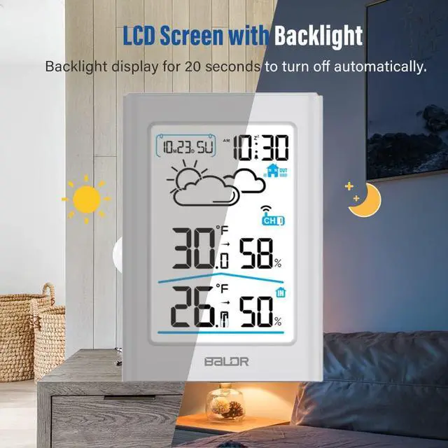 Alt view image 4 of 7 - Indoor Outdoor Thermometer Wireless with Clock, Battery Powered Weather Station Indoor Outdoor, Portable Outside Temperature Monitor for Home Patio