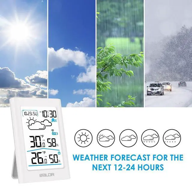 Alt view image 7 of 7 - Indoor Outdoor Thermometer Wireless with Clock, Battery Powered Weather Station Indoor Outdoor, Portable Outside Temperature Monitor for Home Patio