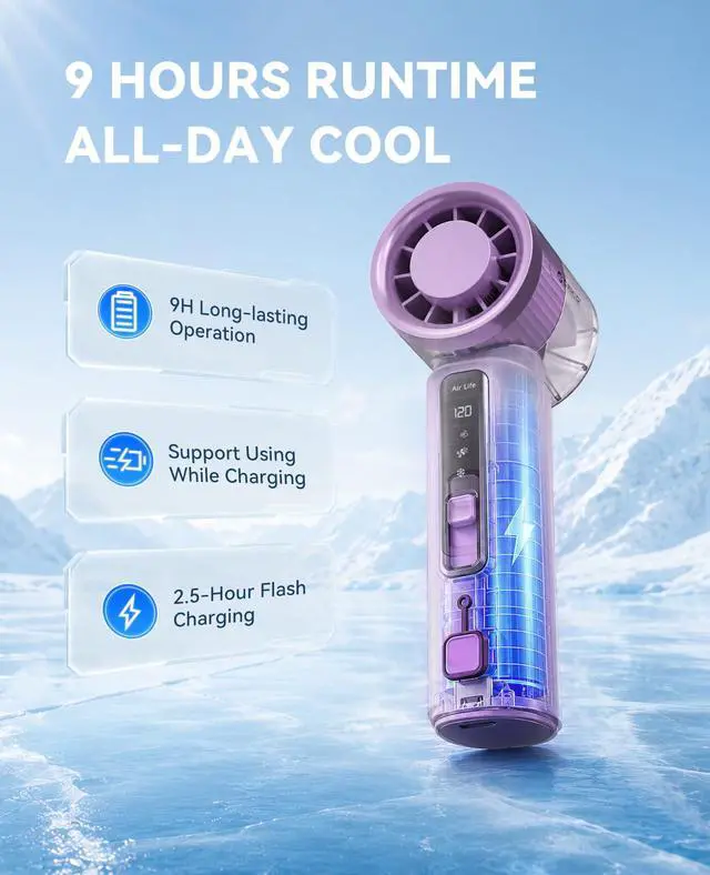 Alt view image 6 of 7 - Handheld Mini Fan, Portable Fan with Ice Cooler, 120 Speed Powerful Turbo Personal Cooling Fan with Strong Airflow, Small Pocket for Travel, Outdoor, Makeup, Summer Gift -MiFan Purple