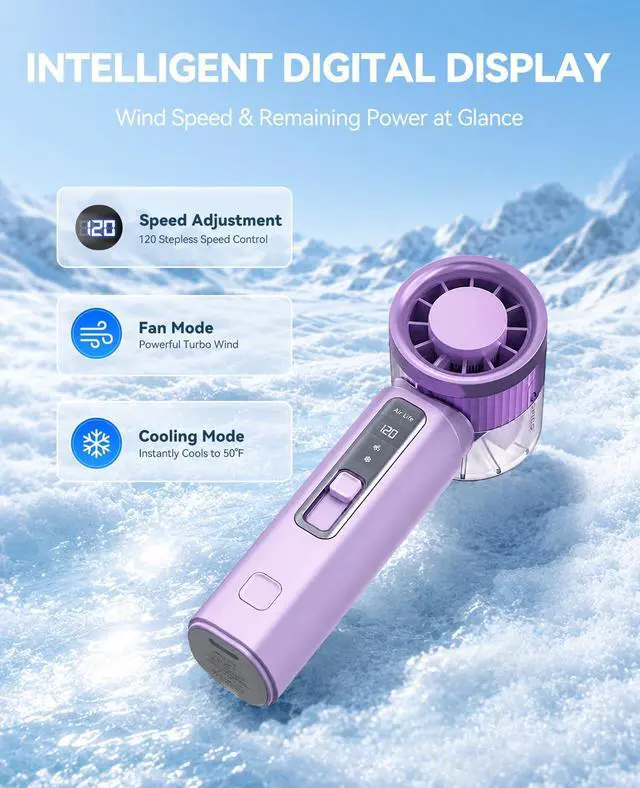 Alt view image 7 of 7 - Handheld Mini Fan, Portable Fan with Ice Cooler, 120 Speed Powerful Turbo Personal Cooling Fan with Strong Airflow, Small Pocket for Travel, Outdoor, Makeup, Summer Gift -MiFan Purple