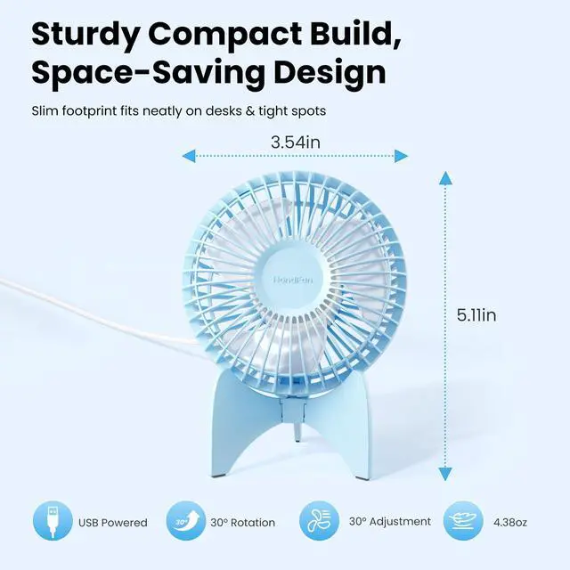 Alt view image 3 of 7 - Small USB Desk Fan, Quiet 3-Speed Portable Mini Desktop Fan, 30° Adjustable Personal Cooling Fan for Office Home Car Travel Summer Gifts (Glossy Blue)