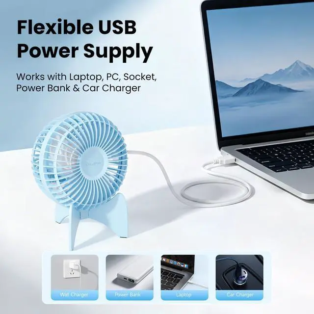 Alt view image 5 of 7 - Small USB Desk Fan, Quiet 3-Speed Portable Mini Desktop Fan, 30° Adjustable Personal Cooling Fan for Office Home Car Travel Summer Gifts (Glossy Blue)