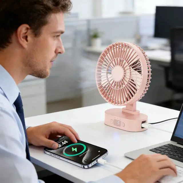 Alt view image 5 of 7 - USB Small Mini Quiet Desk Fan 6-Inch Size, 5-Speed Adjustable Wind Strength with Digital Display, 3-Level Timer Auto Shut-Off, and 90-Degree Rotation (Pink)