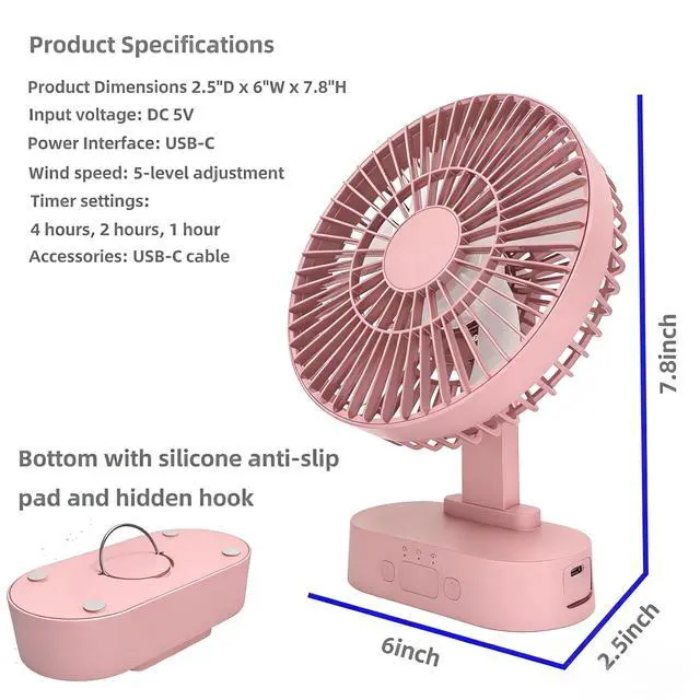 Alt view image 6 of 7 - USB Small Mini Quiet Desk Fan 6-Inch Size, 5-Speed Adjustable Wind Strength with Digital Display, 3-Level Timer Auto Shut-Off, and 90-Degree Rotation (Pink)
