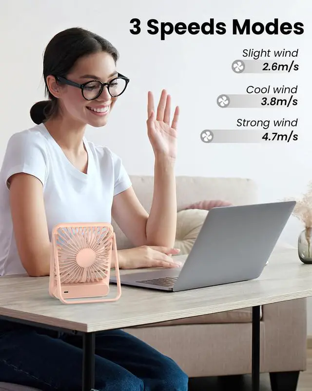 Alt view image 6 of 7 - Desk Fan, Ultra Quiet 2.5-11h Battery Operated Small USB Fan with Strong Wind, 180° Tilt Folding and 3 Speeds Adjustable, Battery Powered Mini Personal Fan for Office Bedroom Desktop Pink