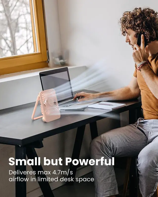 Alt view image 2 of 7 - Desk Fan, Ultra Quiet 2.5-11h Battery Operated Small USB Fan with Strong Wind, 180° Tilt Folding and 3 Speeds Adjustable, Battery Powered Mini Personal Fan for Office Bedroom Desktop Pink
