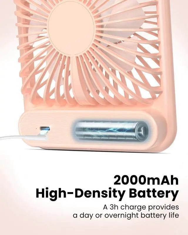 Alt view image 4 of 7 - Desk Fan, Ultra Quiet 2.5-11h Battery Operated Small USB Fan with Strong Wind, 180° Tilt Folding and 3 Speeds Adjustable, Battery Powered Mini Personal Fan for Office Bedroom Desktop Pink
