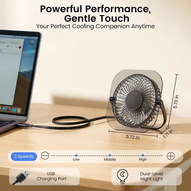 Alt view image 4 of 7 - Desktop Fan with LED Night Light, 3 Adjustable Wind Speeds, Foldable & Adjustable Angle, USB Powered Ultra Quiet Personal Fan, Compact ABS Portable Cooling Fan for Home Office Bedroom Desk