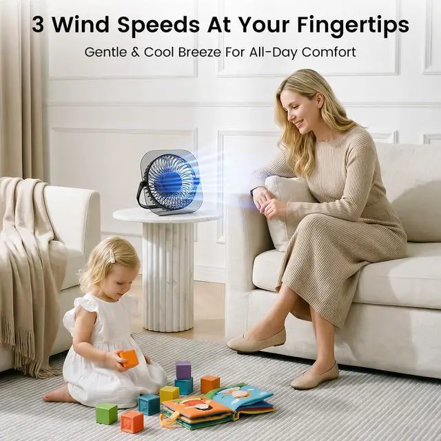 Alt view image 6 of 7 - Desktop Fan with LED Night Light, 3 Adjustable Wind Speeds, Foldable & Adjustable Angle, USB Powered Ultra Quiet Personal Fan, Compact ABS Portable Cooling Fan for Home Office Bedroom Desk