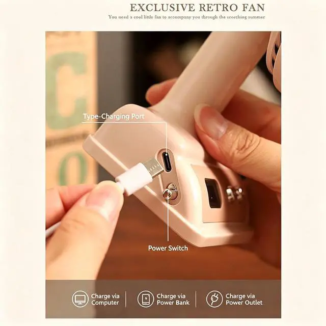 Alt view image 5 of 7 - Vintage Metal Desktop Fan, Retro USB Powered Personal Cooling Tool with 3 Adjustable Speeds for Home Office Tabletop, Portable Antique Style Small Quiet Air Circulator for Bedroom Dorm Study (Pink)