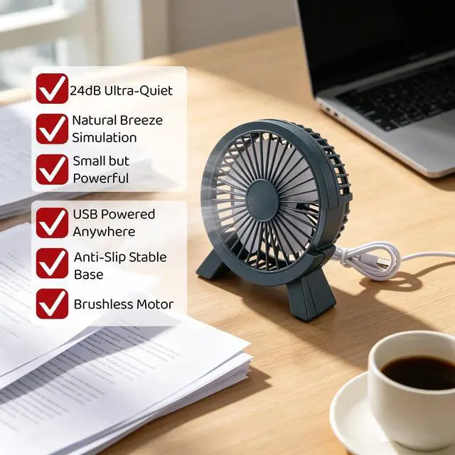 Alt view image 2 of 5 - Quiet USB Desk Fan, 24dB Low Noise Mini Portable Fan, Strong Airflow with Simulated Natural Breeze, Brushless Motor, Sturdy Base with Anti-Slip Pad, for Office Home Bedroom