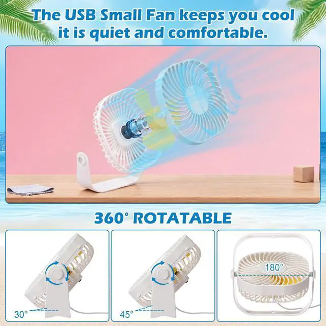 Alt view image 3 of 6 - 4 Pack Small USB Fan for Desk, 6.4 Inch Mini Pink and White Fans for Dorm Room Office, 2 Speed 360° Rotate Portable Fans for Travel Tent Home Indoor Outdoor Summer Gift (No Battery)