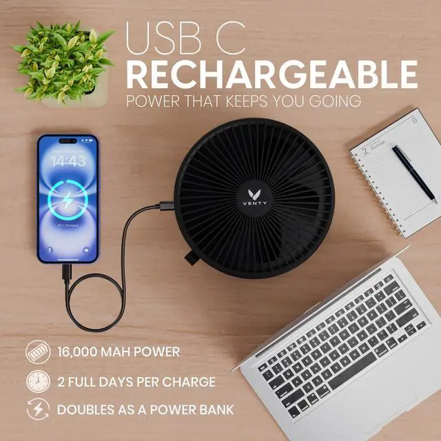 Alt view image 7 of 7 - Portable Fan - Wireless Battery Operated Fan - 4 Speeds - LED Lighting - Carry Case & Remote Control - Cruise Travel - Outdoor Travel RV Power Bank With USB-C Port (Black with Case)