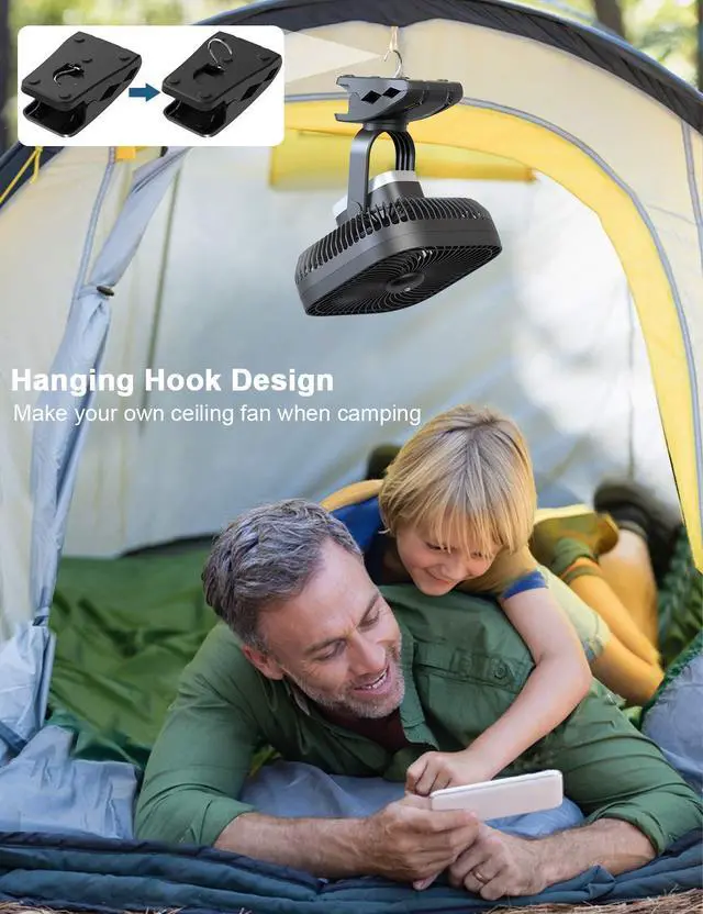 Alt view image 5 of 6 - 20000mAh Rechargeable Portable Clip-on Fan Battery Operated, Last 78 Hrs, 4 Speeds with Light & Hook, 8 Inch Personal for Camping, Outdoor, Golf Cart, Stroller & Desk Use