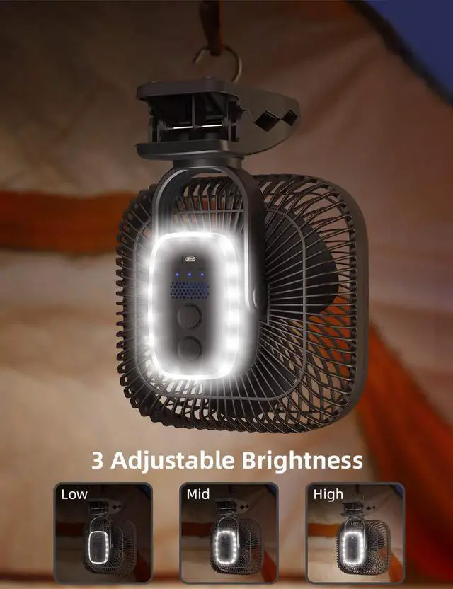 Alt view image 4 of 6 - 20000mAh Rechargeable Portable Clip-on Fan Battery Operated, Last 78 Hrs, 4 Speeds with Light & Hook, 8 Inch Personal for Camping, Outdoor, Golf Cart, Stroller & Desk Use