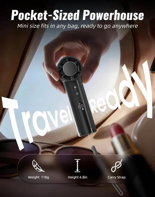 Alt view image 2 of 7 - Portable Handheld Fan, Turbo Power 18800 RPM Fast Charge Digital Display 100 Speeds Adjustable, Mini Pocket Design Birthday Gifts for Women Men Travel Cruise Camping Outdoor, Black